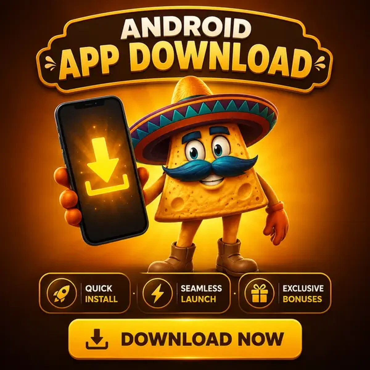 El Mariachi Maskottchen präsentiert Android App Download bei Casinacho mit leuchtendem Smartphone