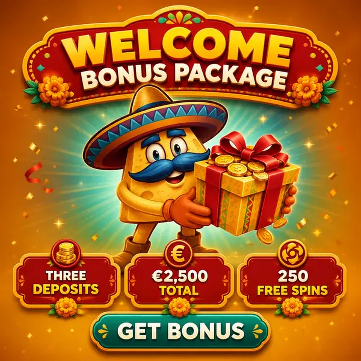 El Mariachi präsentiert Willkommensbonus-Geschenkbox bei Casinacho mit goldenen Münzen