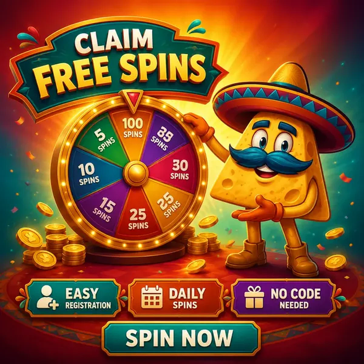 El Mariachi Nacho-Charakter dreht Preisrad für Casinacho Bonus ohne Einzahlung Anspruch