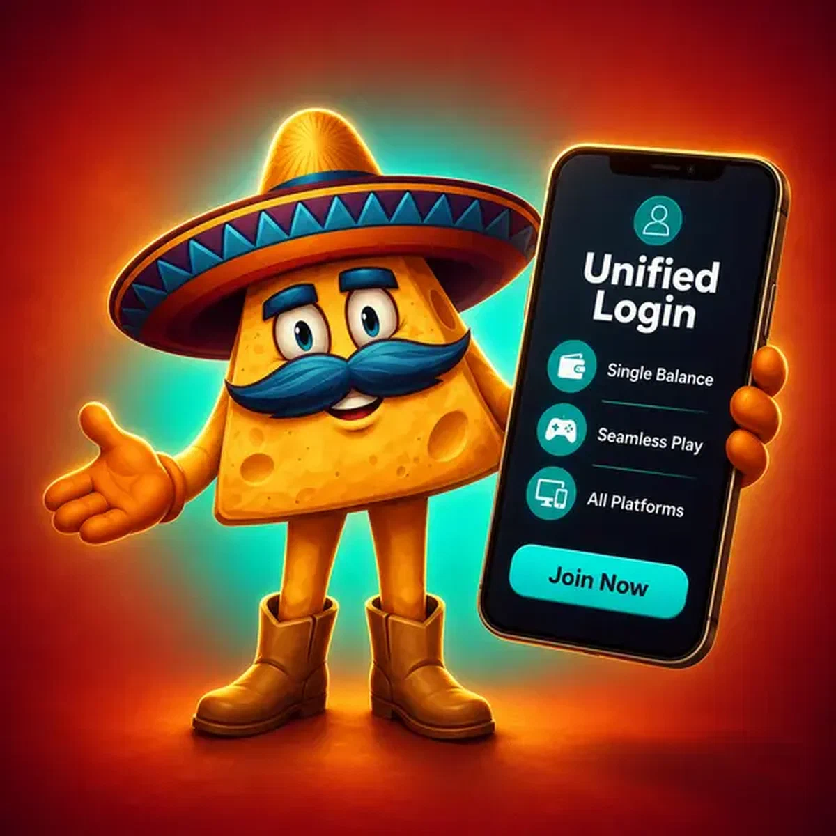 El Mariachi Nacho-Chip präsentiert Smartphone mit einheitlichem Casinacho Casino Login-Bildschirm, der warm leuchtet