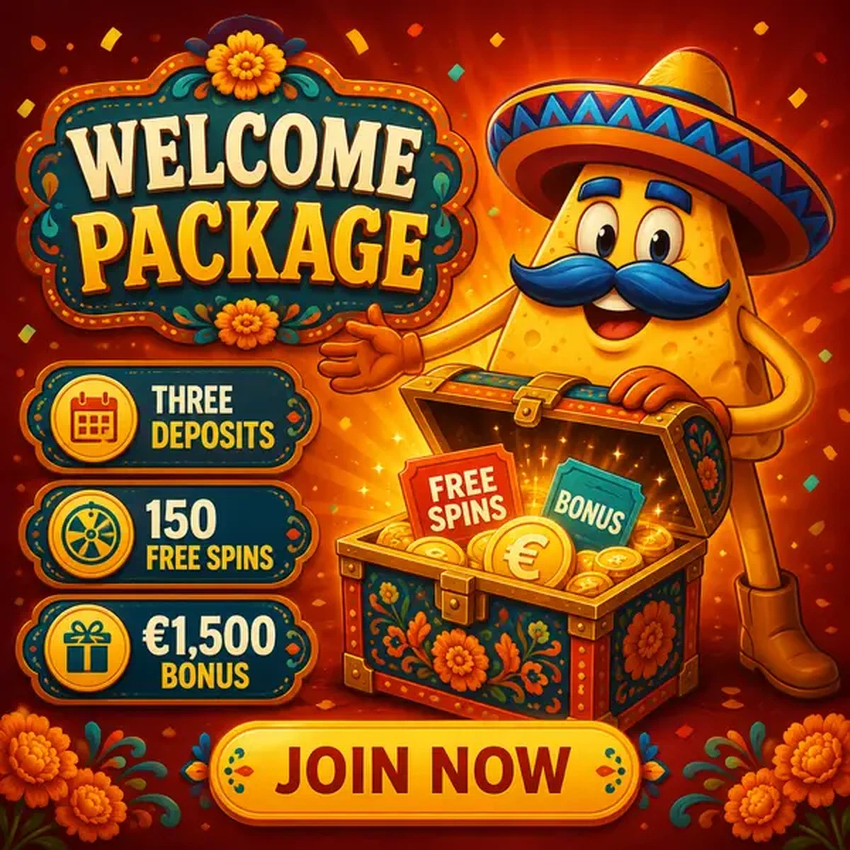 El Mariachi öffnet Bonuskiste, während sich neuer Spieler bei Welcome Package Structure and Mechanics anmeldet