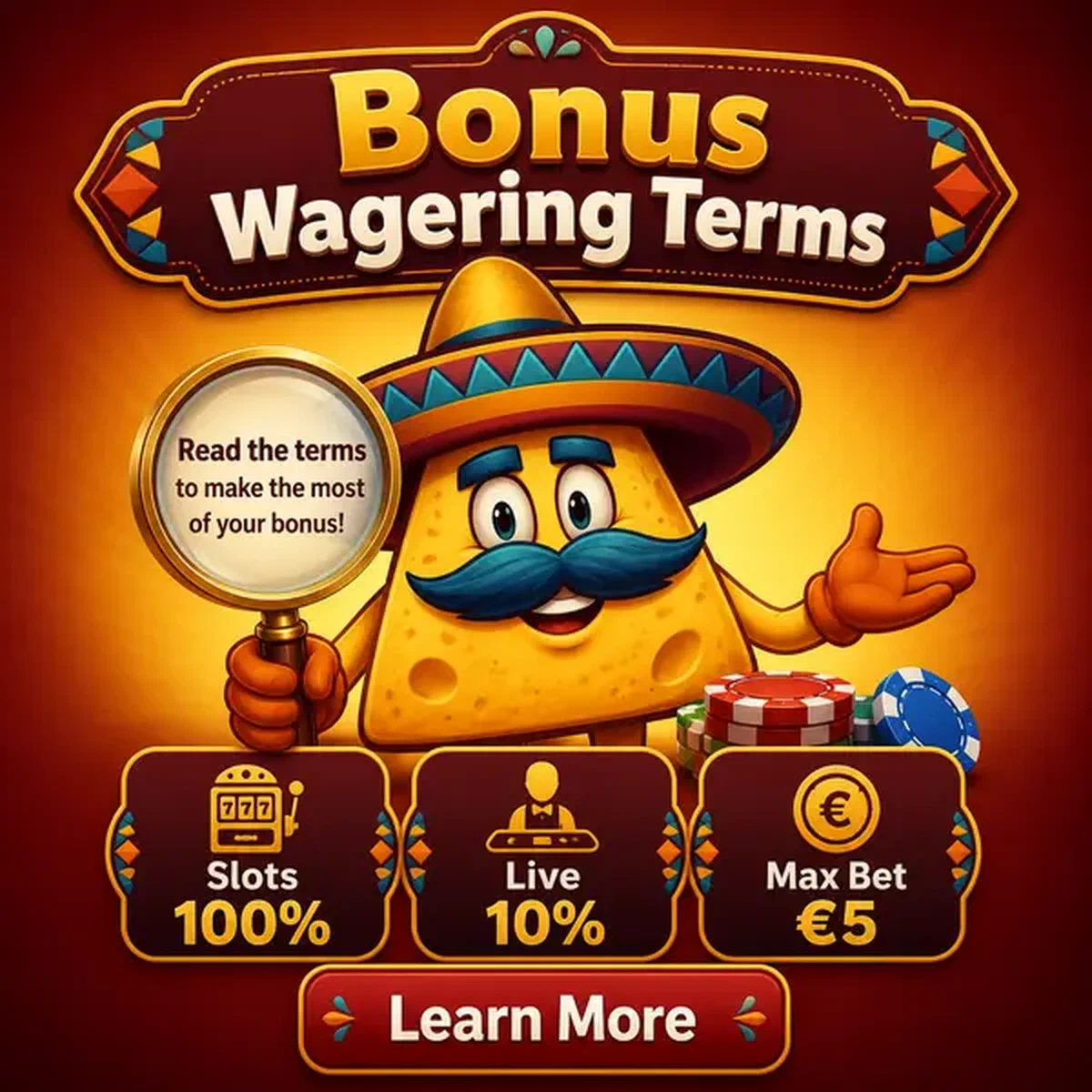 El Mariachi untersucht Bonus-Umsatzbedingungen bei Casinacho mit Lupe