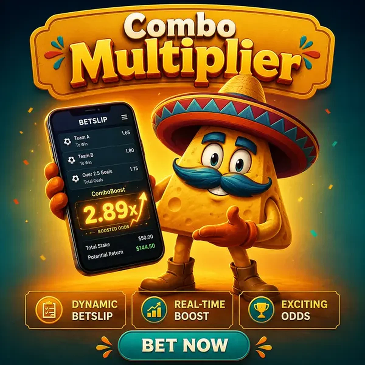 El Mariachi Nacho-Maskottchen zeigt Sportwetten-Kombi-Multiplikator auf Smartphone beim Casinacho ComboBoost