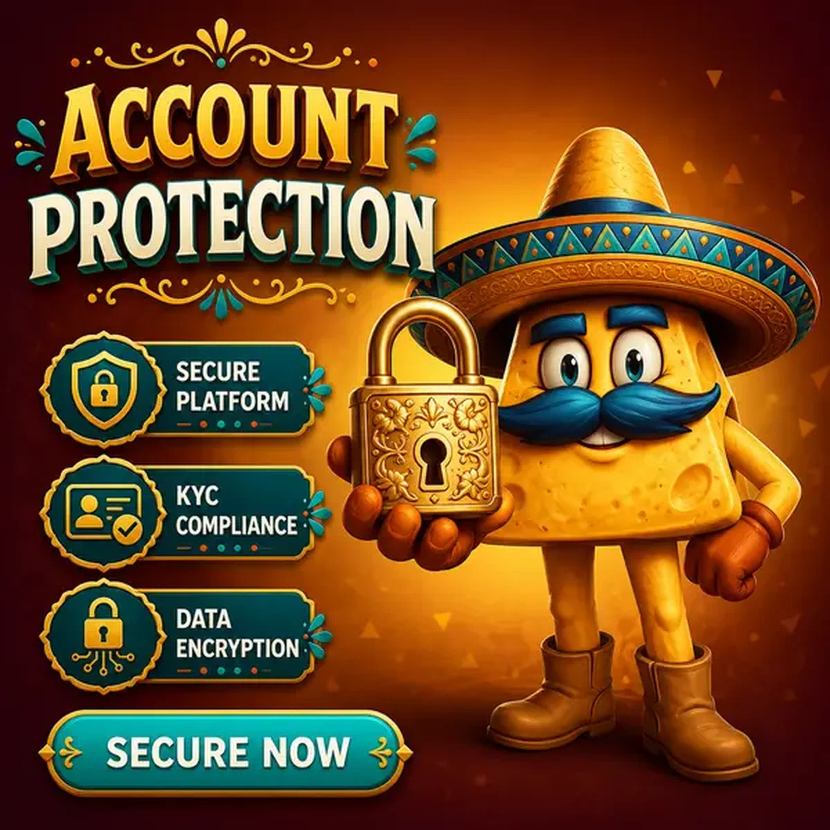 El Mariachi Nacho-Chip präsentiert goldenes Sicherheitsschloss am costa-ricanischen Lizenz-Anmeldeportal