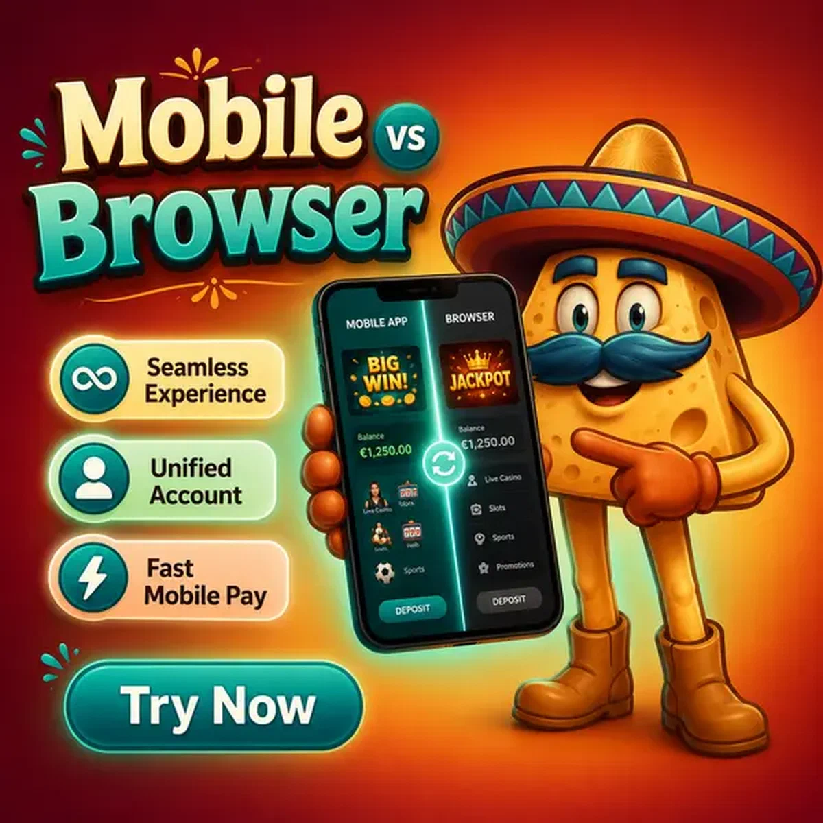 El Mariachi präsentiert Mobile App-Funktionen auf leuchtendem Smartphone bei Mobile vs Browser Experience Differences