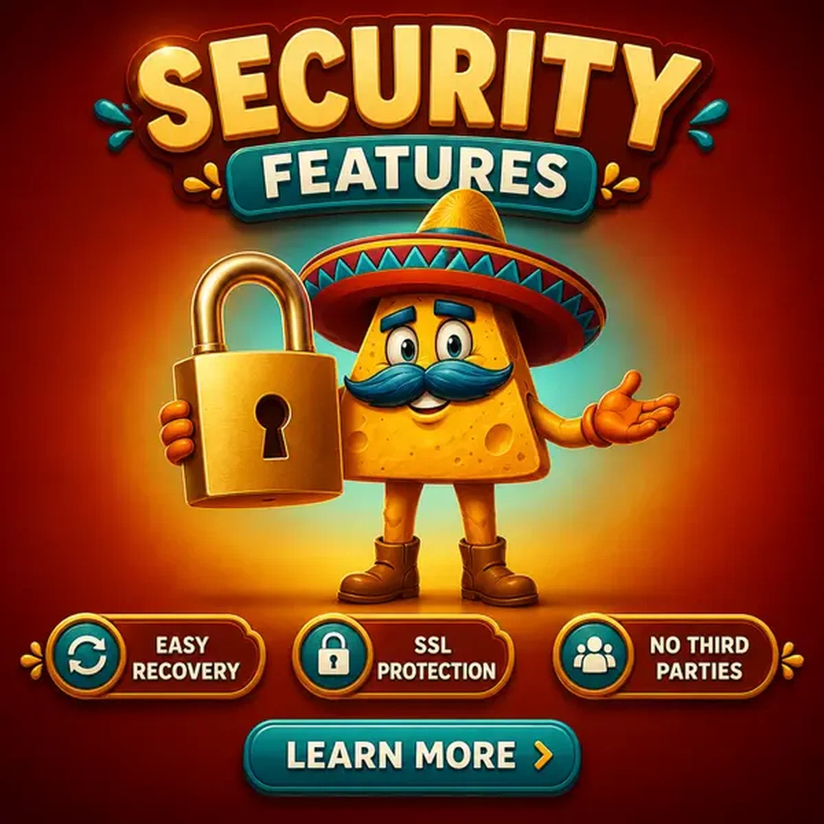 Anthropomorpher Nacho-Chip mit Sombrero hält goldenes Vorhängeschloss am Sicherheitsfunktionen-Login-Portal