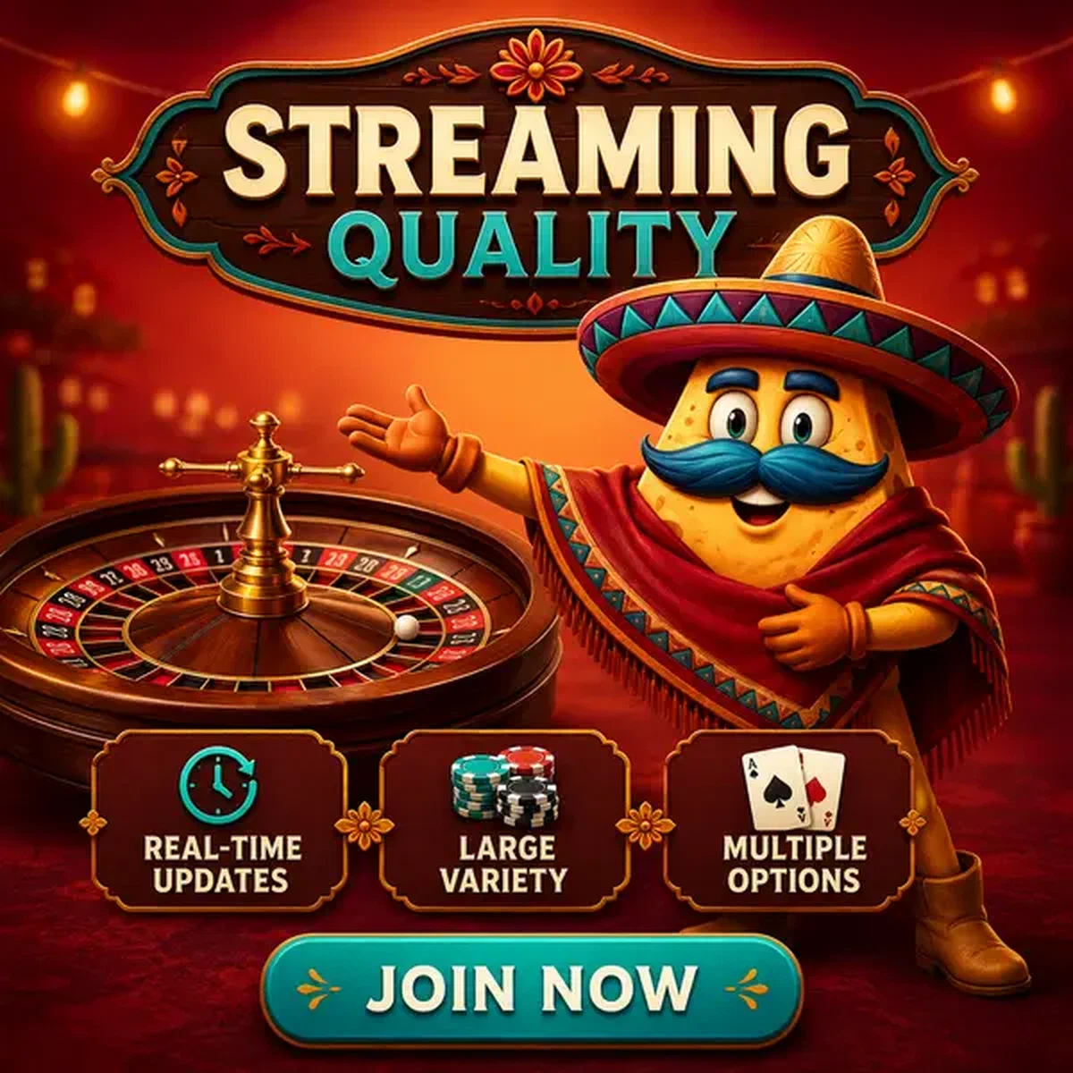 El Mariachi Nacho-Chip-Charakter gestikuliert in Richtung Live-Casino-Roulette-Rad am festlichen Spieltisch