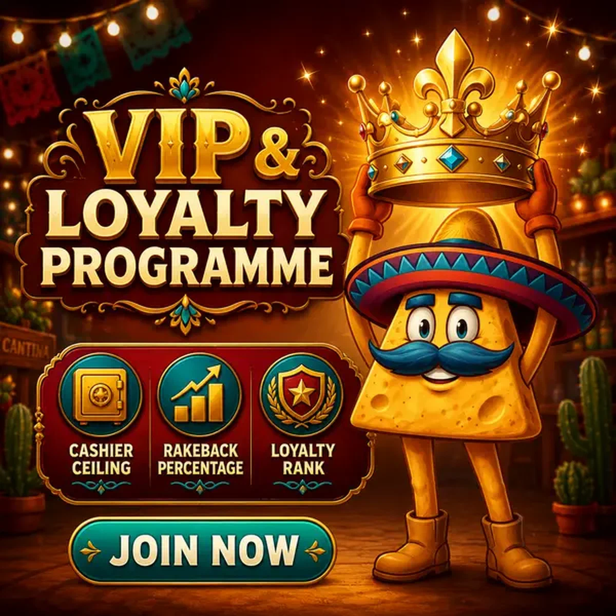 El Mariachi Nacho-Chip präsentiert goldene VIP-Krone am Eingang des Casinacho VIP-Treueprogramms