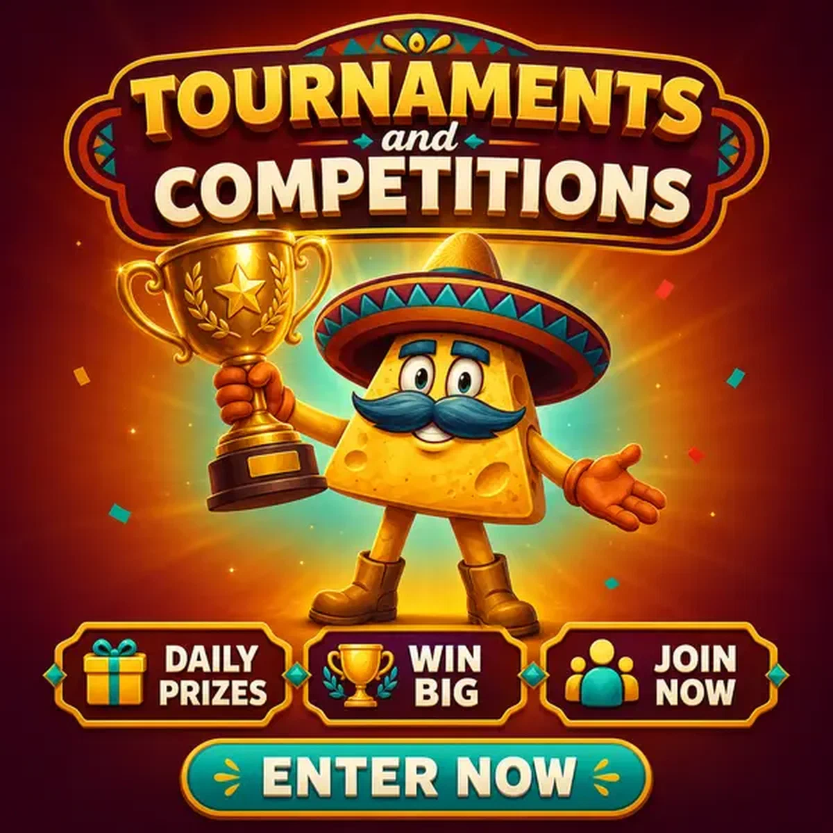 El Mariachi Nacho-Chip hält stolz goldene Trophäe in der Casinacho Turniere und Wettbewerbe Arena