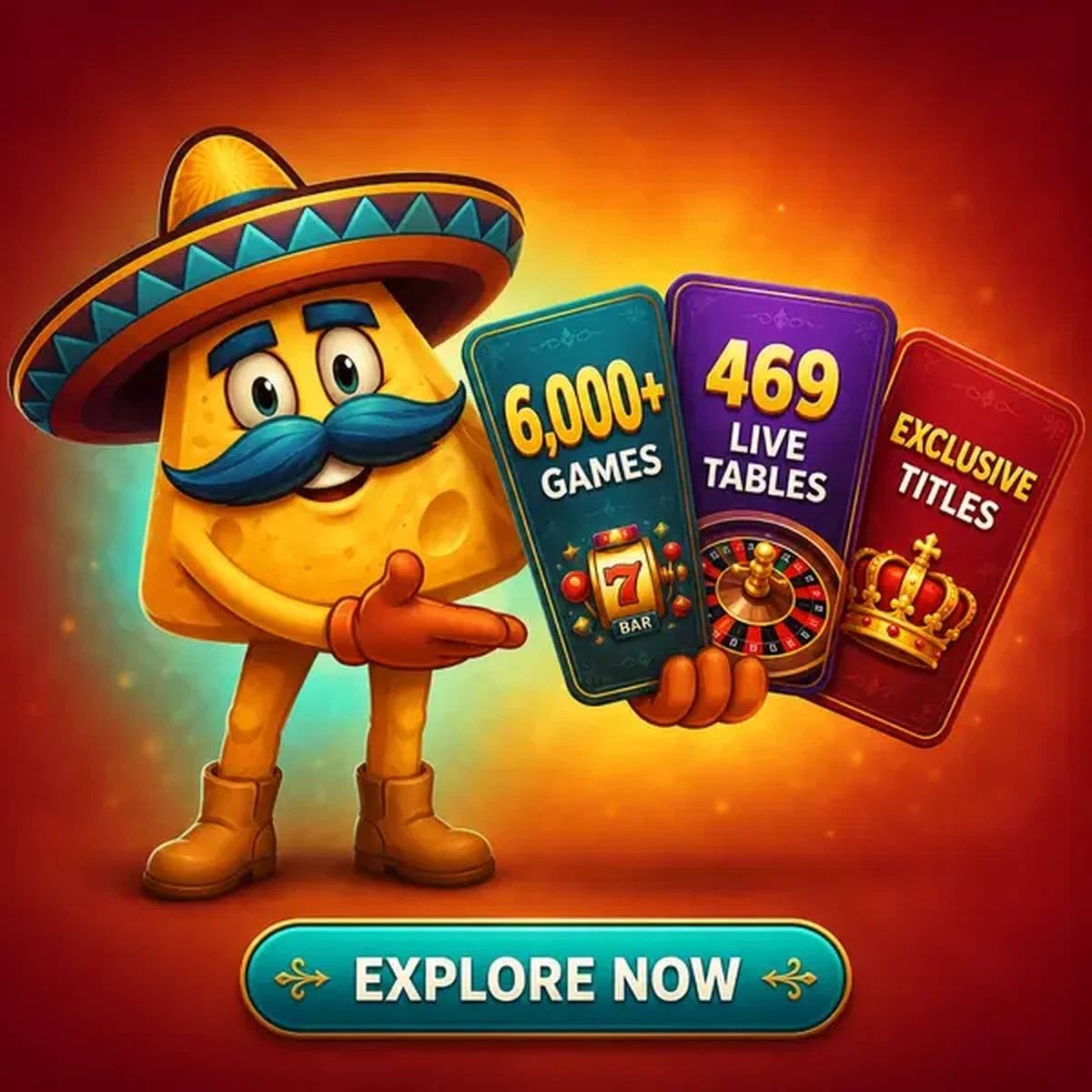 El Mariachi präsentiert lebendige Spiel-Kacheln, die die 6.000+ Casino-Spiele-Sammlung von Casinacho Casino Games zeigen