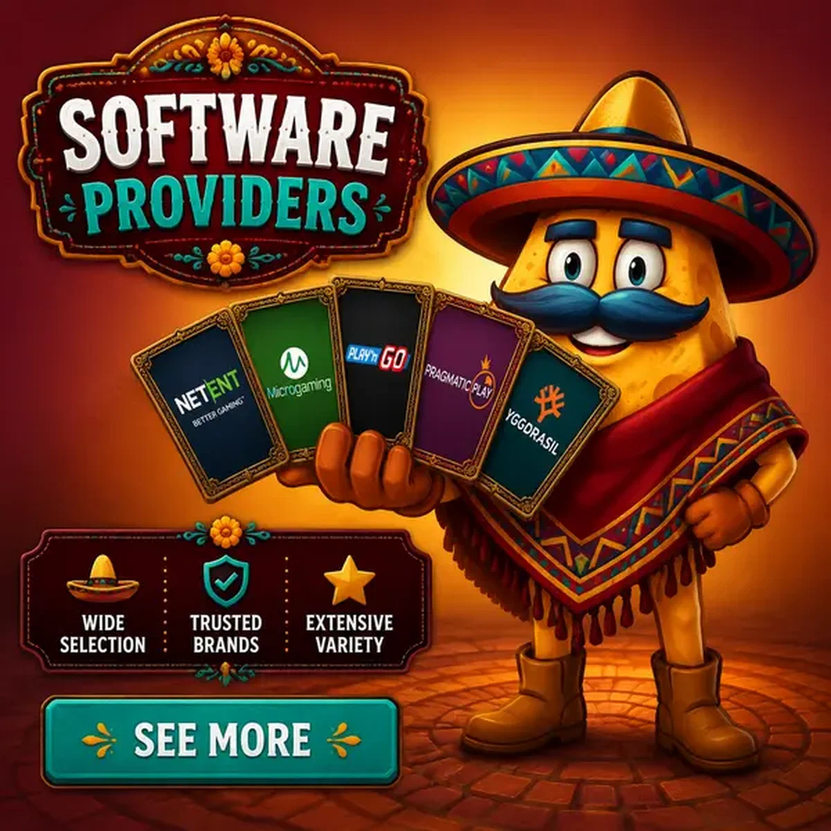El Mariachi Nacho-Chip präsentiert Software-Anbieter bei Casinacho mit gefächerten Spiel-Kacheln