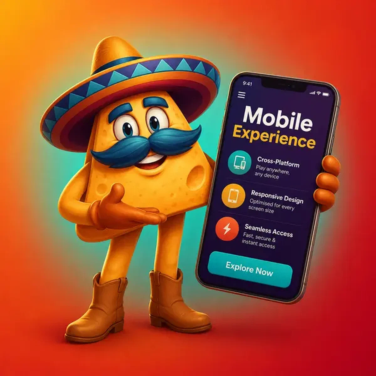 El Mariachi präsentiert die Casinacho Mobile-App mit einladendem Lächeln und Farbverlauf-Hintergrund