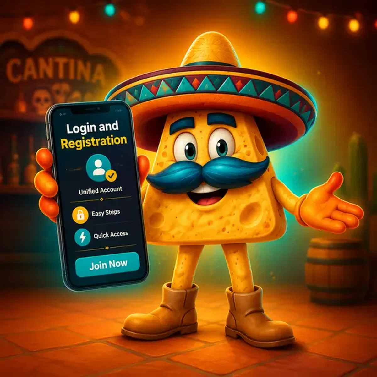 El Mariachi Nacho-Chip begrüßt neue Spieler, um dem Casinacho-Registrierungsportal beizutreten